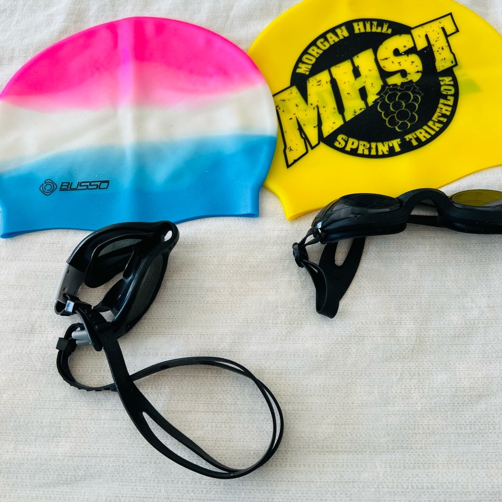 Swim Cap & Goggles Set - Pink/White/Blue & Yellow Caps with Black Goggles